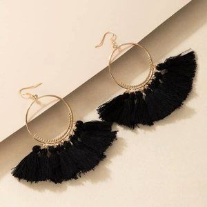 NEW Black Fringe Tassel Round Drop Earrings Boho‎